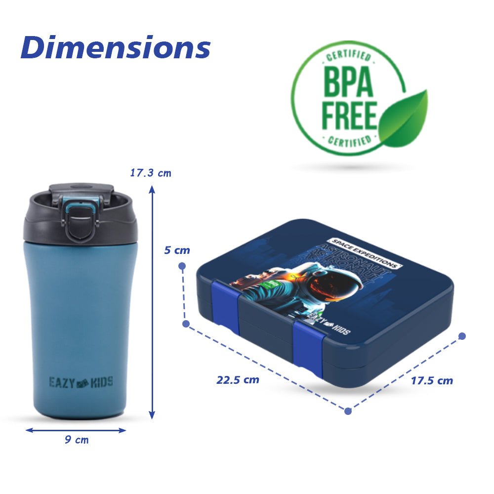 EAZY KIDS 6 & 4 Convertible Bento Lunch Box with Stainless Steel 400ml Water Bottle and Sandwich Cutter Set - Space KSA Blue