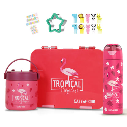 EAZY KIDS 6 & 4 Convertible Bento Lunch Box with Stainless Steel 640ml Water Bottle and Sandwich Cutter Set & Food Jar - Tropical Pink
