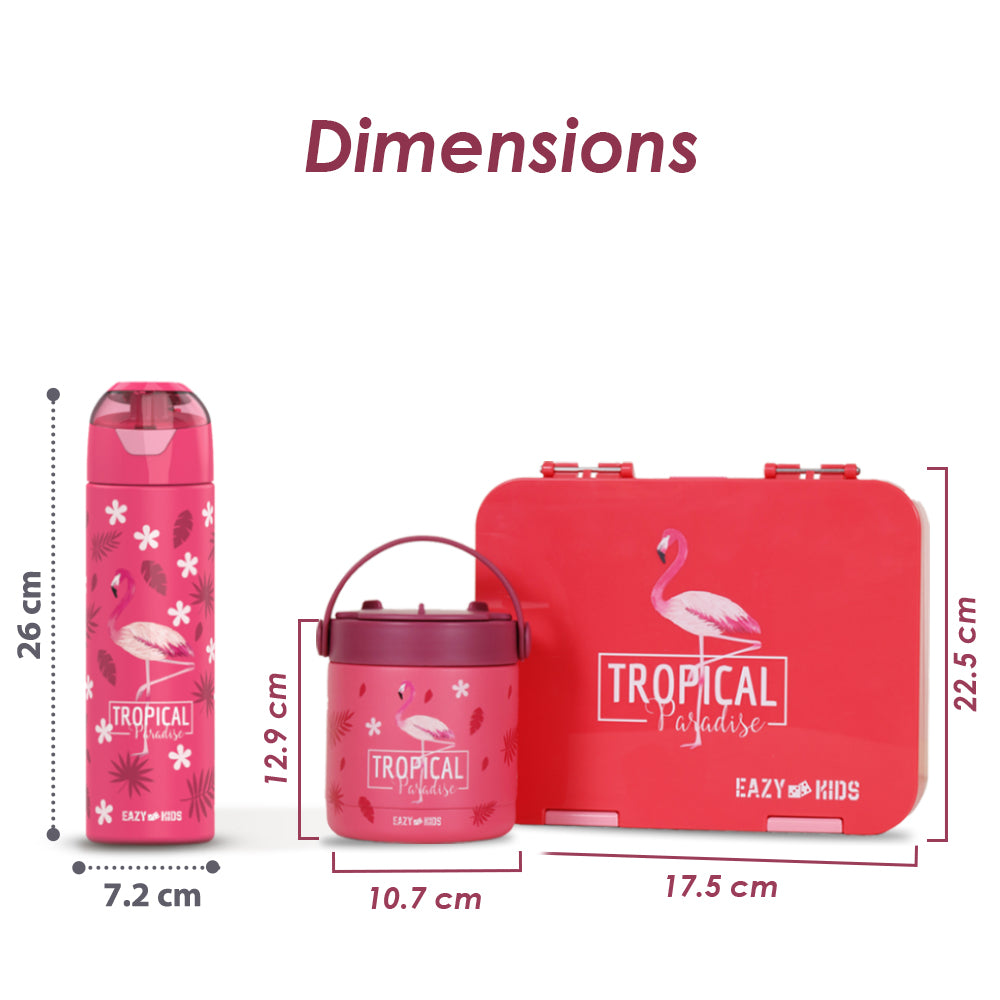 EAZY KIDS 6 & 4 Convertible Bento Lunch Box with Stainless Steel 640ml Water Bottle and Sandwich Cutter Set & Food Jar - Tropical Pink