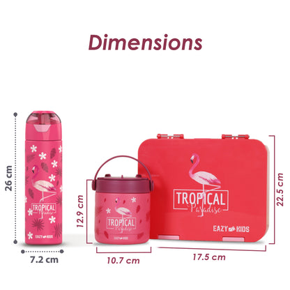 EAZY KIDS 6 & 4 Convertible Bento Lunch Box with Stainless Steel 640ml Water Bottle and Sandwich Cutter Set & Food Jar - Tropical Pink