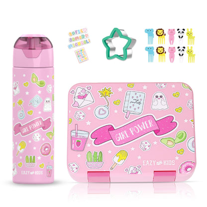 EAZY KIDS 5 & 4 Convertible Bento Lunch Box with Stainless Steel 640ml Water Bottle and Sandwich Cutter Set - Girl Power Pink