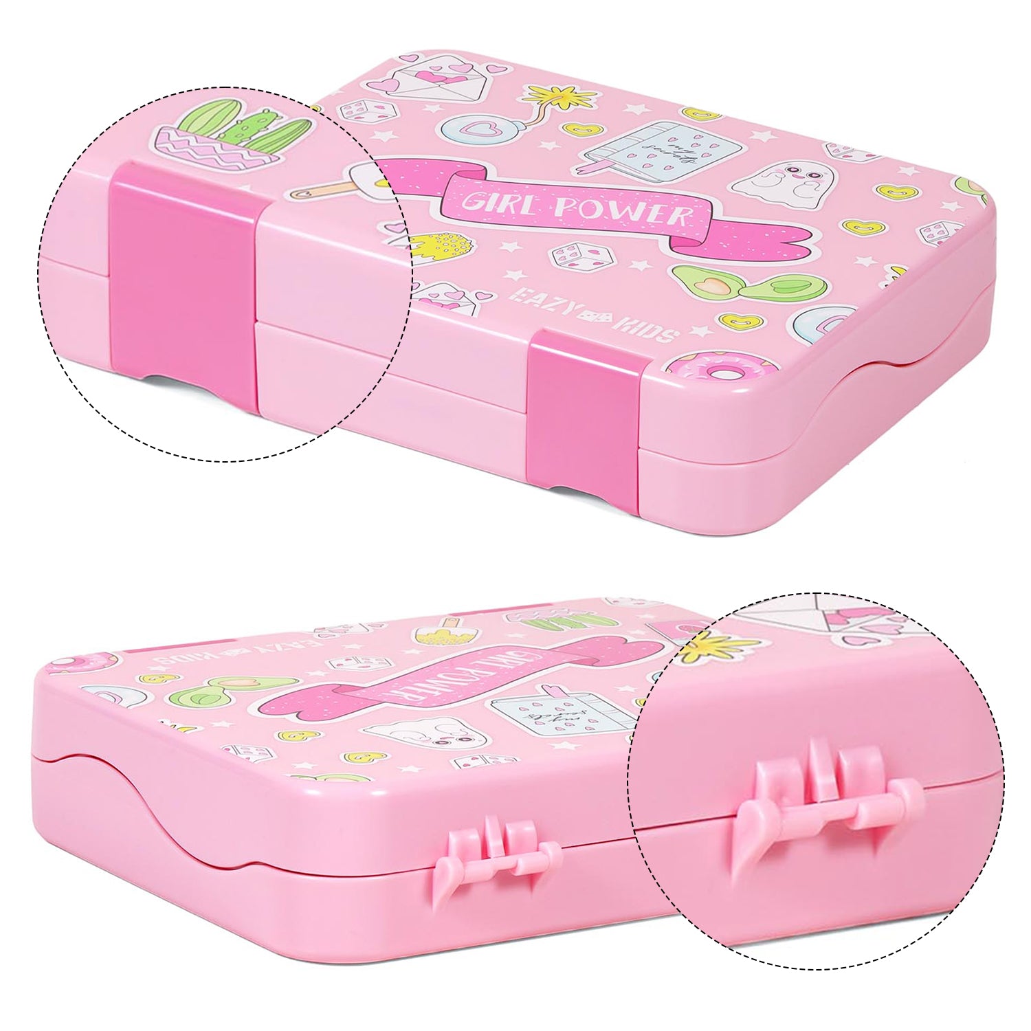 EAZY KIDS 5 & 4 Convertible Bento Lunch Box with Stainless Steel 640ml Water Bottle and Sandwich Cutter Set - Girl Power Pink