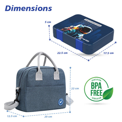 EAZY KIDS 4 & 6 Convertible Bento Lunch Box with Lunch Bag and Sandwich Cutter Set - Space UAE Blue