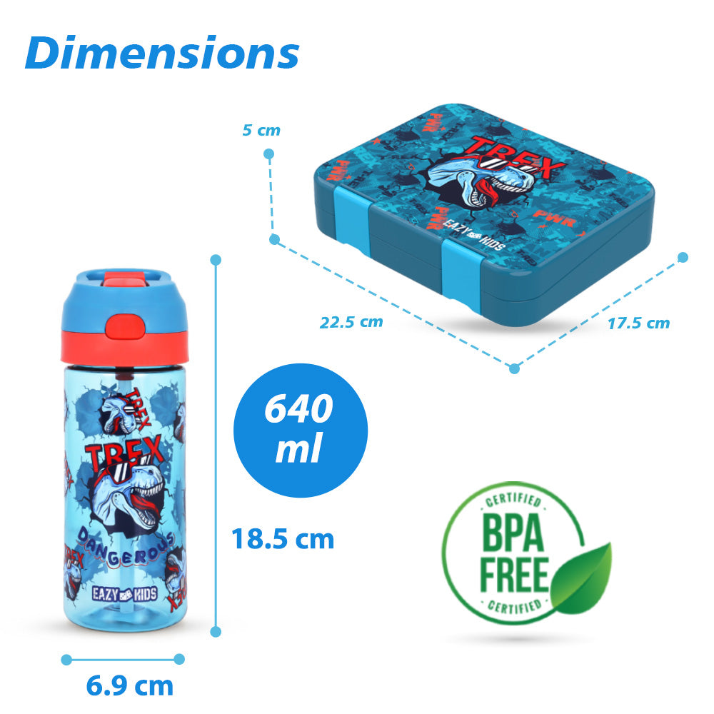 EAZY KIDS 6 & 4 Convertible Bento Lunch Box with Tritan 420ml Water Bottle and Sandwich Cutter Set - TREX Blue