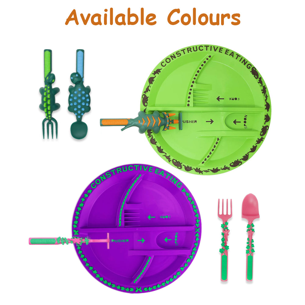 EAZY KIDS Eating Plate w/Spoon, Fork & Pusher - Dinosaur