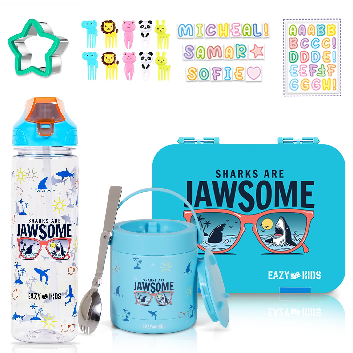 EAZY KIDS 6/4 Compartment Bento Lunch Box w/2in1 Tritan Water Bottle and Steel Food Jar Jawsome - Blue