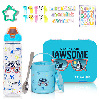 EAZY KIDS 6/4 Compartment Bento Lunch Box w/2in1 Tritan Water Bottle and Steel Food Jar Jawsome - Blue