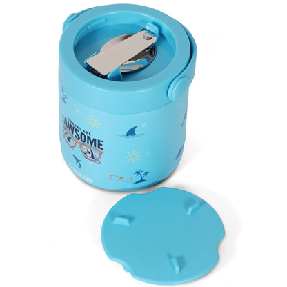 EAZY KIDS 6/4 Compartment Bento Lunch Box w/2in1 Tritan Water Bottle and Steel Food Jar Jawsome - Blue