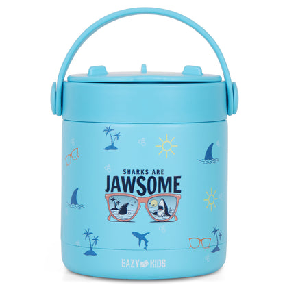 EAZY KIDS 6/4 Compartment Bento Lunch Box w/2in1 Tritan Water Bottle and Steel Food Jar Jawsome - Blue