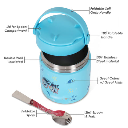 EAZY KIDS 6/4 Compartment Bento Lunch Box w/2in1 Tritan Water Bottle and Steel Food Jar Jawsome - Blue