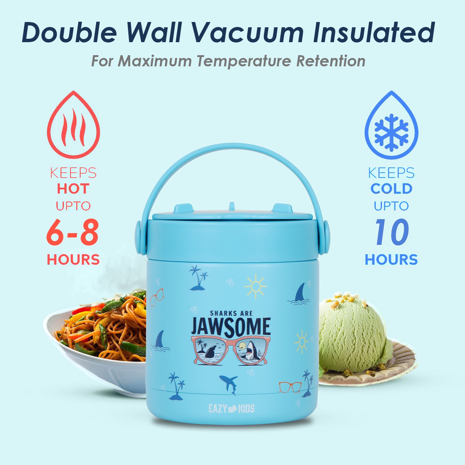 EAZY KIDS 6/4 Compartment Bento Lunch Box w/2in1 Tritan Water Bottle and Steel Food Jar Jawsome - Blue