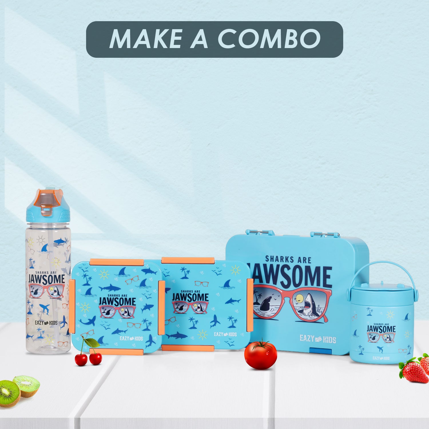 EAZY KIDS 6/4 Compartment Bento Lunch Box w/2in1 Tritan Water Bottle and Steel Food Jar Jawsome - Blue