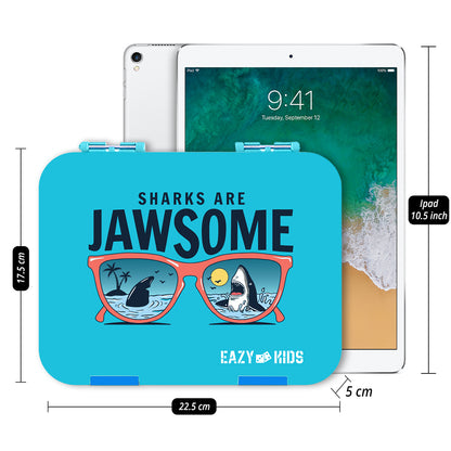EAZY KIDS 6/4 Compartment Bento Lunch Box w/2in1 Tritan Water Bottle and Steel Food Jar Jawsome - Blue