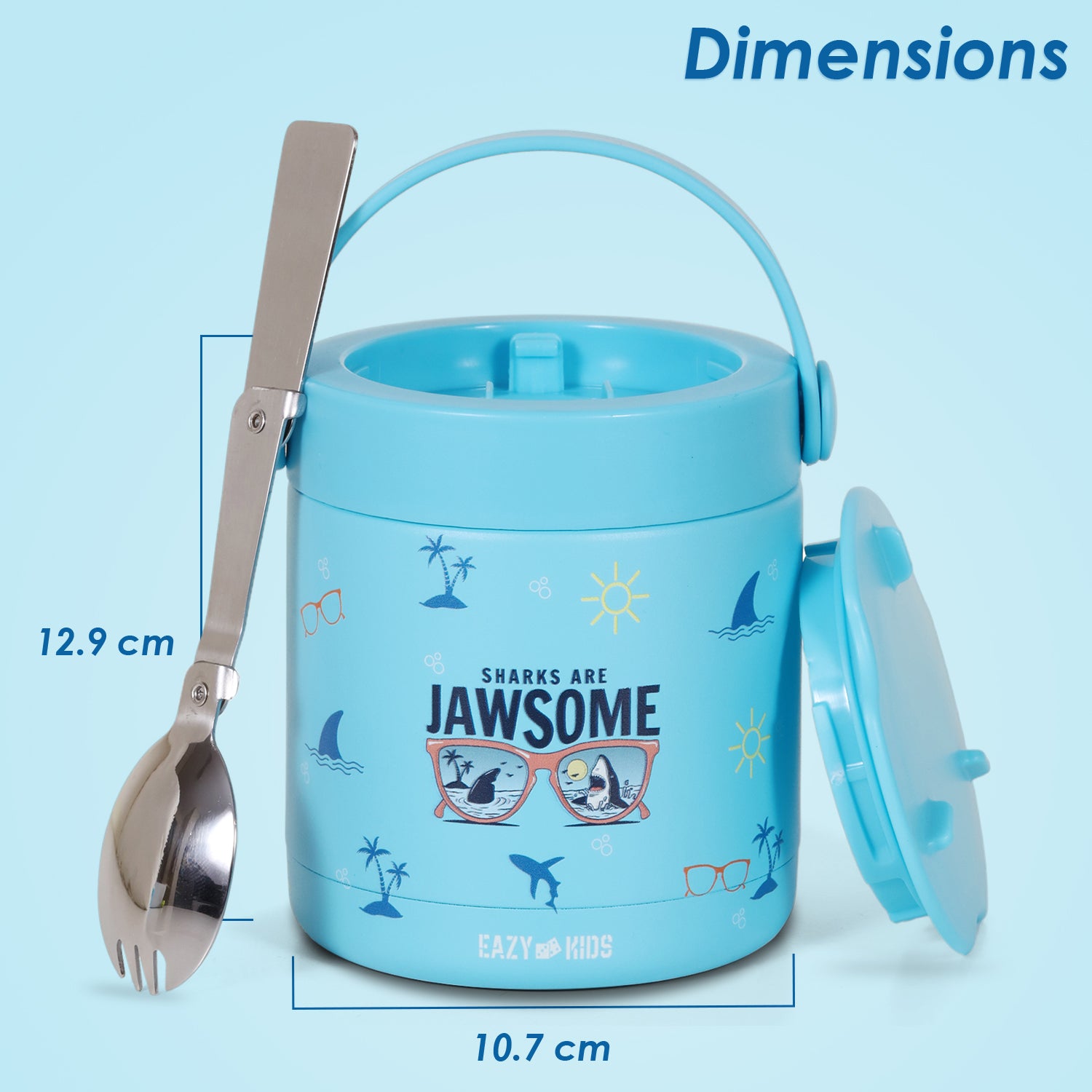 EAZY KIDS 6/4 Compartment Bento Lunch Box w/2in1 Tritan Water Bottle and Steel Food Jar Jawsome - Blue