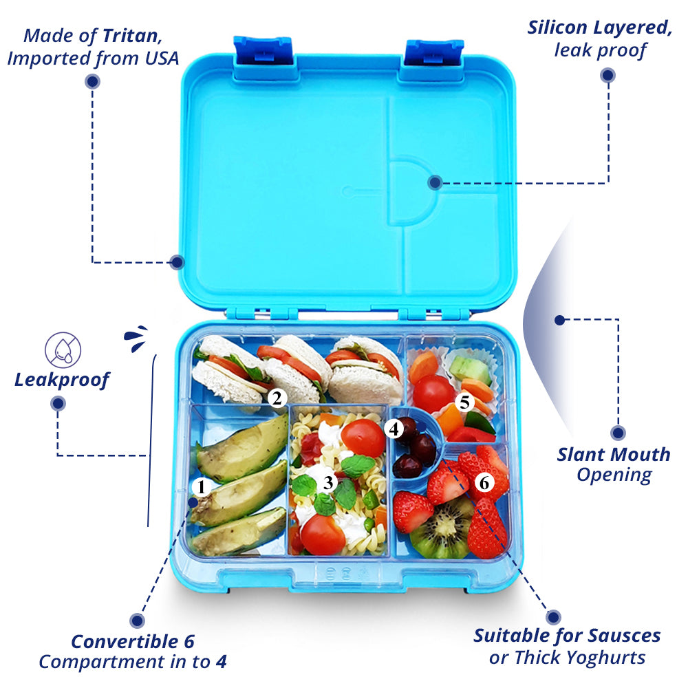 EAZY KIDS 6/4 Compartment Bento Lunch Box w/2in1 Tritan Water Bottle and Steel Food Jar Jawsome - Blue