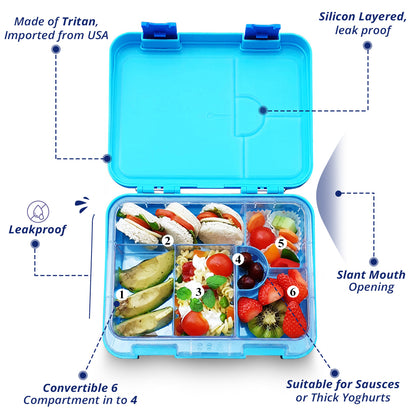 EAZY KIDS 6/4 Compartment Bento Lunch Box w/2in1 Tritan Water Bottle and Steel Food Jar Jawsome - Blue