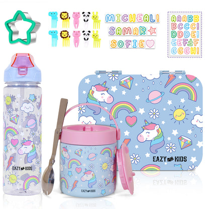 EAZY KIDS 4 Compartment Bento Lunch Box w/2in1 Tritan Water Bottle and Steel Food Jar Unicorn - Blue