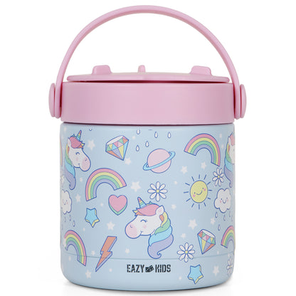 EAZY KIDS 4 Compartment Bento Lunch Box w/2in1 Tritan Water Bottle and Steel Food Jar Unicorn - Blue