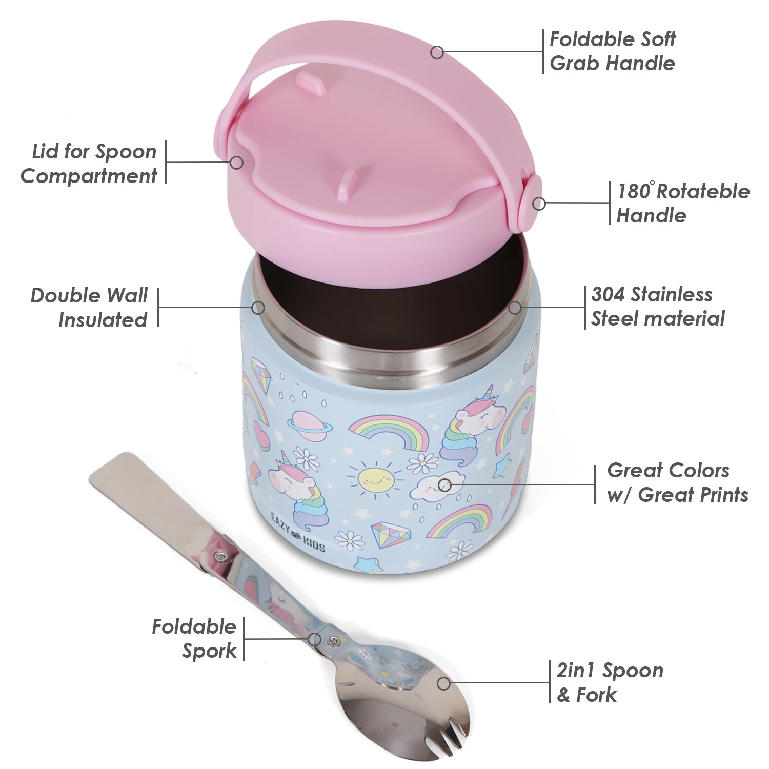 EAZY KIDS 4 Compartment Bento Lunch Box w/2in1 Tritan Water Bottle and Steel Food Jar Unicorn - Blue