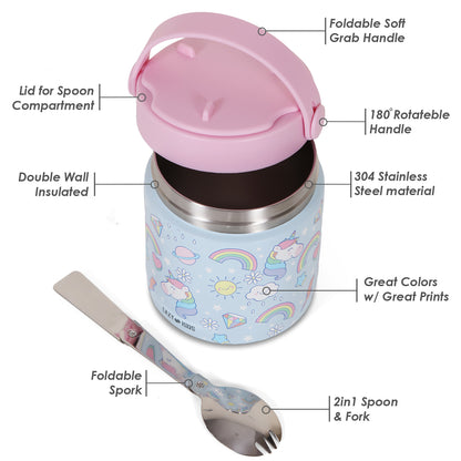 EAZY KIDS 4 Compartment Bento Lunch Box w/2in1 Tritan Water Bottle and Steel Food Jar Unicorn - Blue