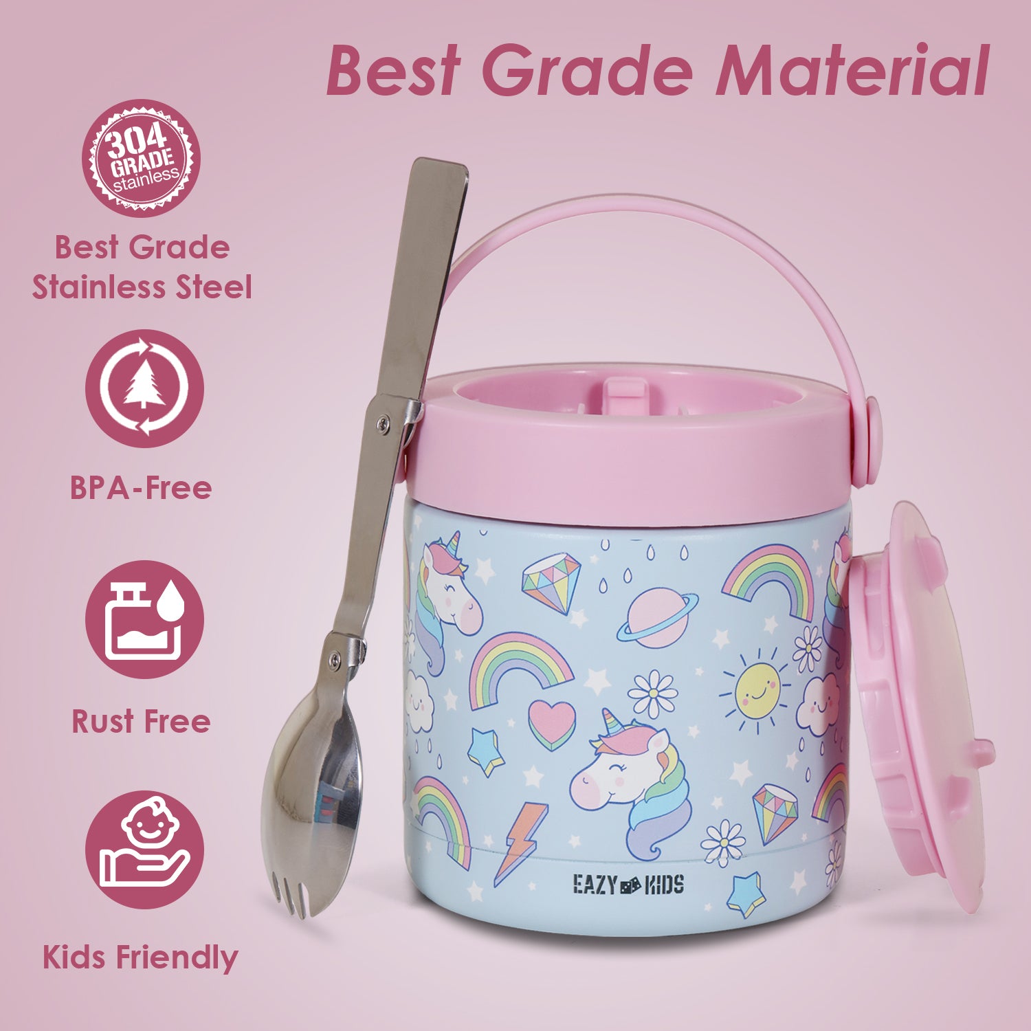 EAZY KIDS 4 Compartment Bento Lunch Box w/2in1 Tritan Water Bottle and Steel Food Jar Unicorn - Blue