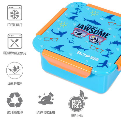 EAZY KIDS Lunch Box Set and Tritan Water Bottle w/2in1 drinking Flip lid and Sipper Jawsome - Blue