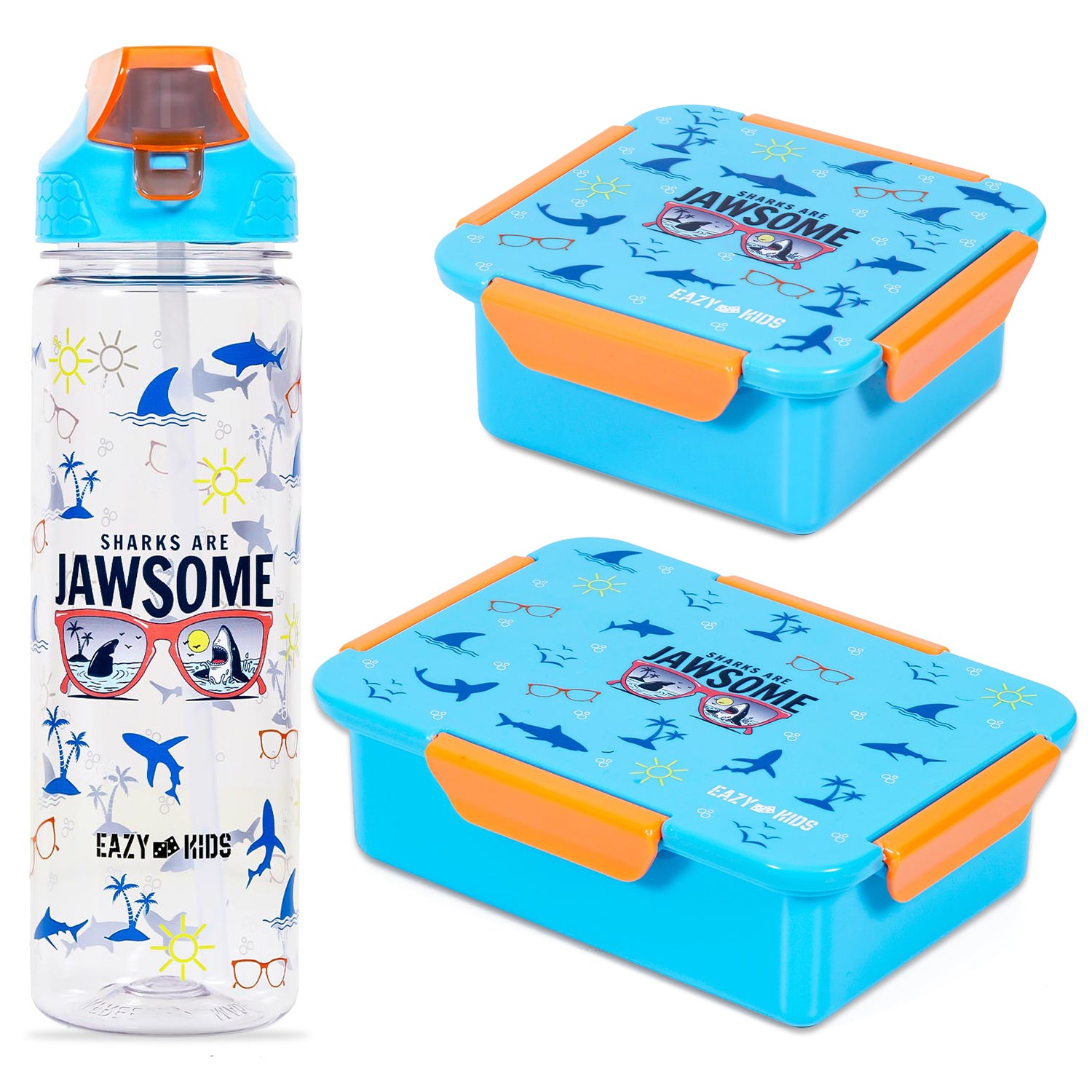 EAZY KIDS Lunch Box Set and Tritan Water Bottle w/2in1 drinking Flip lid and Sipper Jawsome - Blue