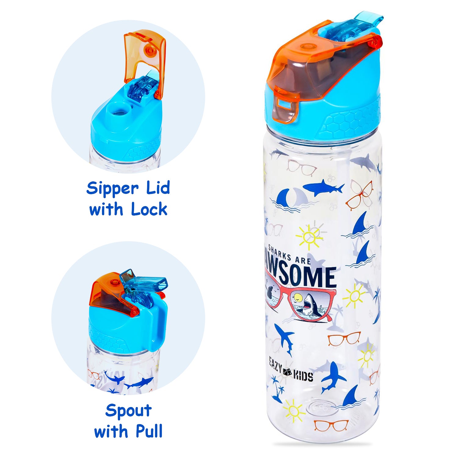 EAZY KIDS Lunch Box Set and Tritan Water Bottle w/2in1 drinking Flip lid and Sipper Jawsome - Blue