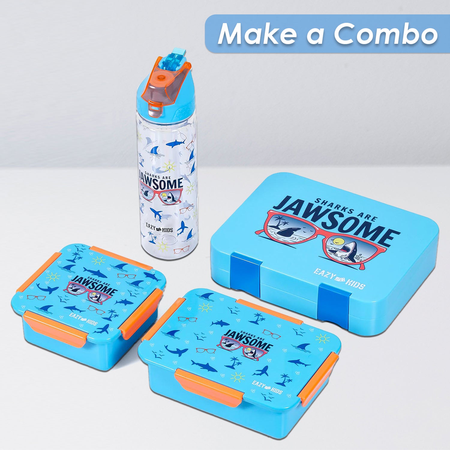 EAZY KIDS Lunch Box Set and Tritan Water Bottle w/2in1 drinking Flip lid and Sipper Jawsome - Blue