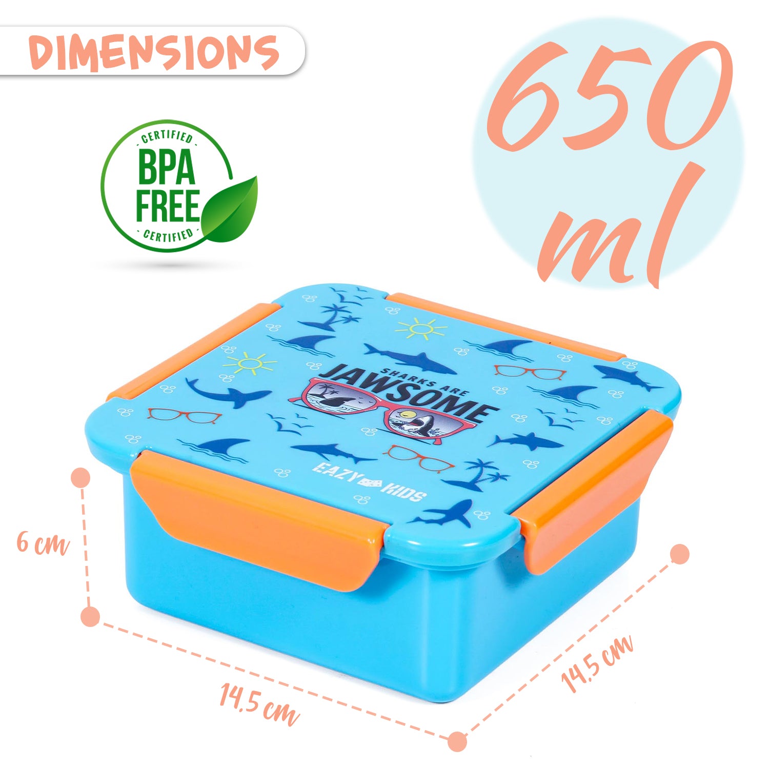 EAZY KIDS Lunch Box Set and Tritan Water Bottle w/2in1 drinking Flip lid and Sipper Jawsome - Blue