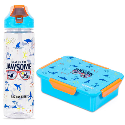 EAZY KIDS Lunch Box and Tritan Water Bottle w/2in1 drinking Flip lid and Sipper Jawsome - Blue