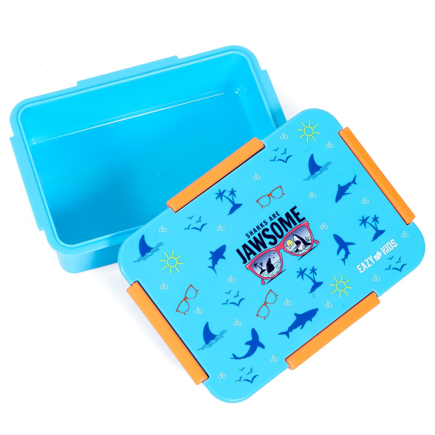 EAZY KIDS Lunch Box and Tritan Water Bottle w/2in1 drinking Flip lid and Sipper Jawsome - Blue