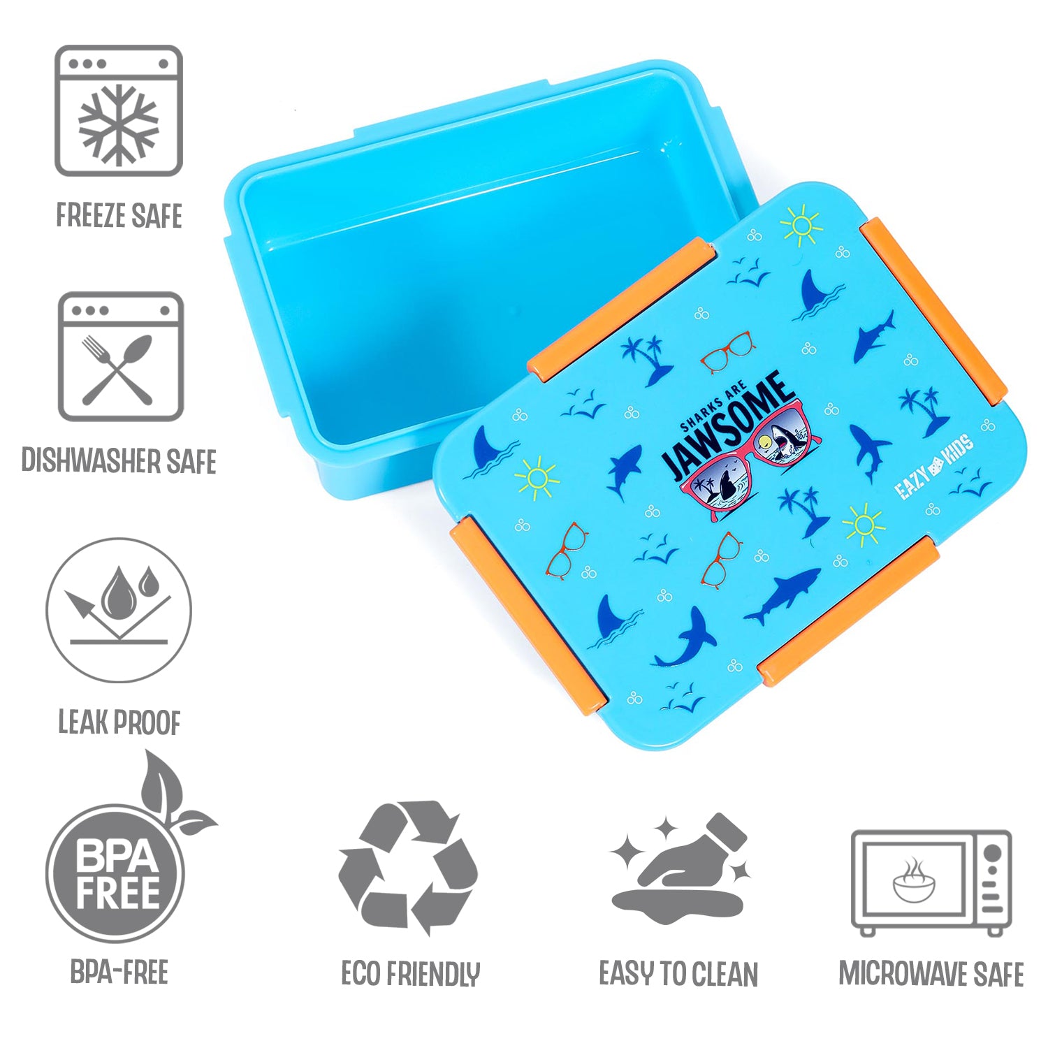 EAZY KIDS Lunch Box and Tritan Water Bottle w/2in1 drinking Flip lid and Sipper Jawsome - Blue