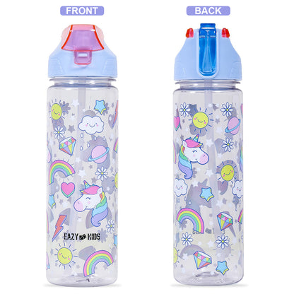EAZY KIDS Lunch Box and Tritan Water Bottle w/2in1 drinking Flip lid and Sipper Unicorn - Blue