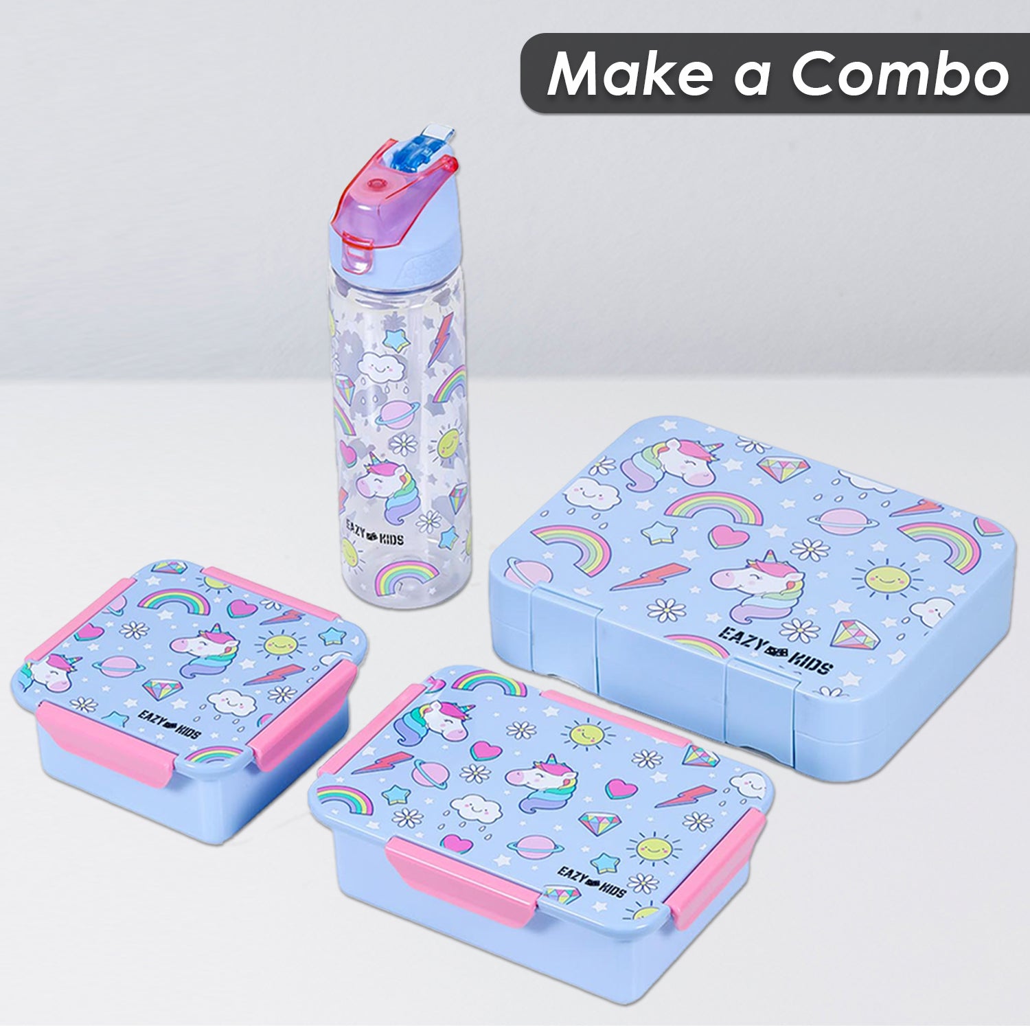 EAZY KIDS Lunch Box and Tritan Water Bottle w/2in1 drinking Flip lid and Sipper Unicorn - Blue