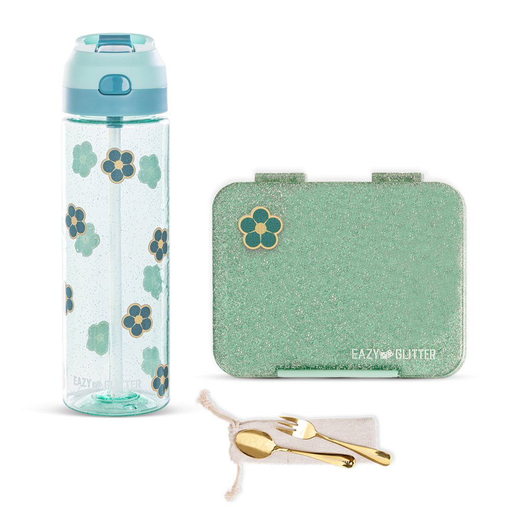 EAZY KIDS 6 & 4 Convertible Bento Lunch Box w/ Water Bottle - Glitter Green