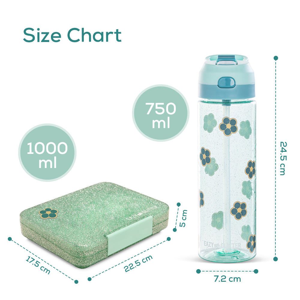 EAZY KIDS 6 & 4 Convertible Bento Lunch Box w/ Water Bottle - Glitter Green