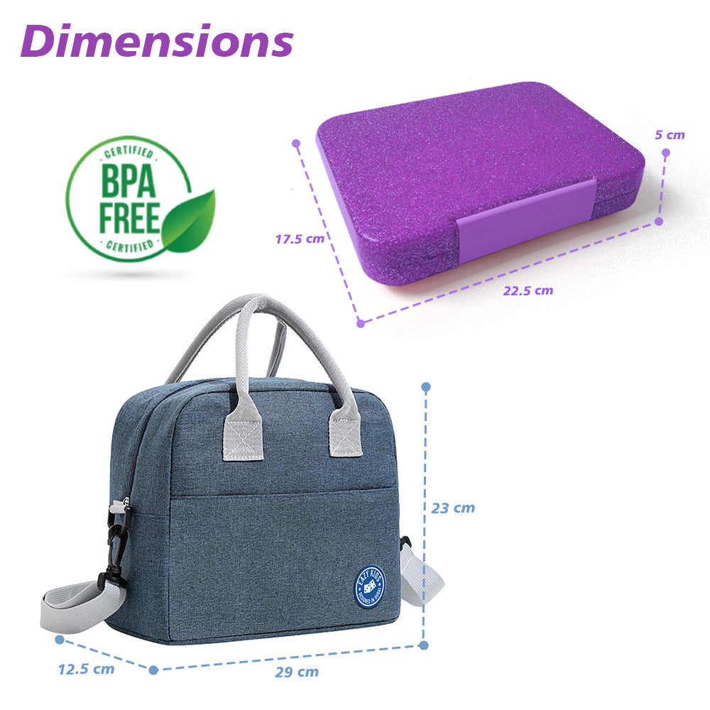 EAZY KIDS 6 & 4 Convertible Bento Lunch Box w/Lunch Bag and Spoon Fork Set - Glitter Purple
