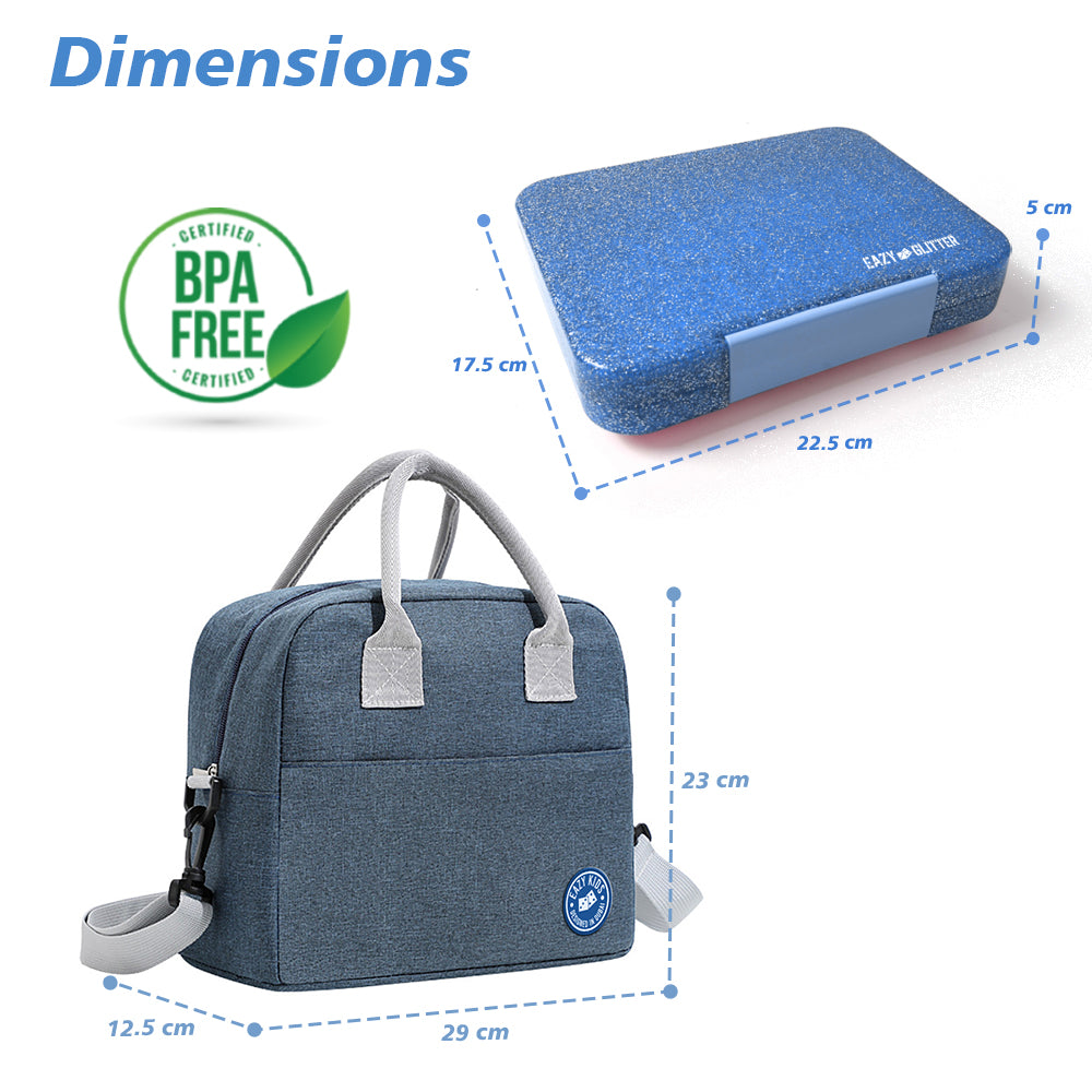 EAZY KIDS 6 & 4 Convertible Bento Lunch Box w/Lunch Bag and Spoon Fork Set - Glitter Blue