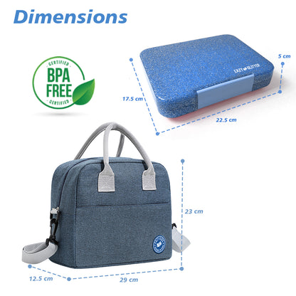 EAZY KIDS 6 & 4 Convertible Bento Lunch Box w/Lunch Bag and Spoon Fork Set - Glitter Blue