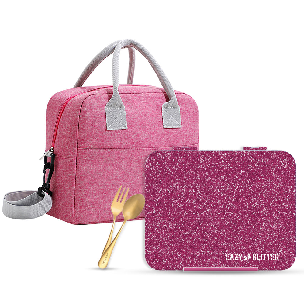 EAZY KIDS 6 & 4 Convertible Bento Lunch Box w/Lunch Bag and Spoon Fork Set - Glitter Pink