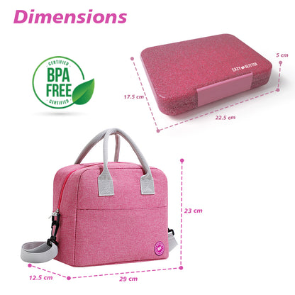 EAZY KIDS 6 & 4 Convertible Bento Lunch Box w/Lunch Bag and Spoon Fork Set - Glitter Pink