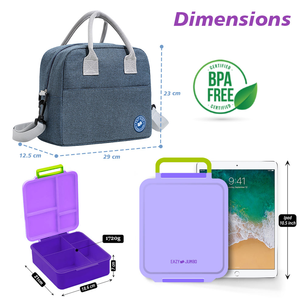 EAZY KIDS Jumbo Bento Lunch Box w/Lunch Bag and Thermos & Dip Jar- Purple