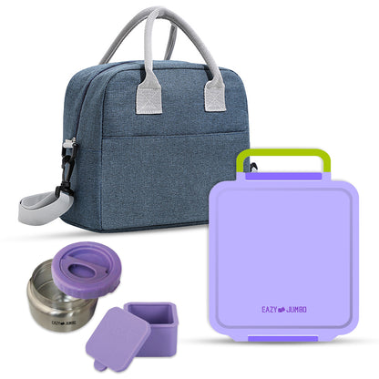 EAZY KIDS Jumbo Bento Lunch Box w/Lunch Bag and Thermos & Dip Jar- Purple