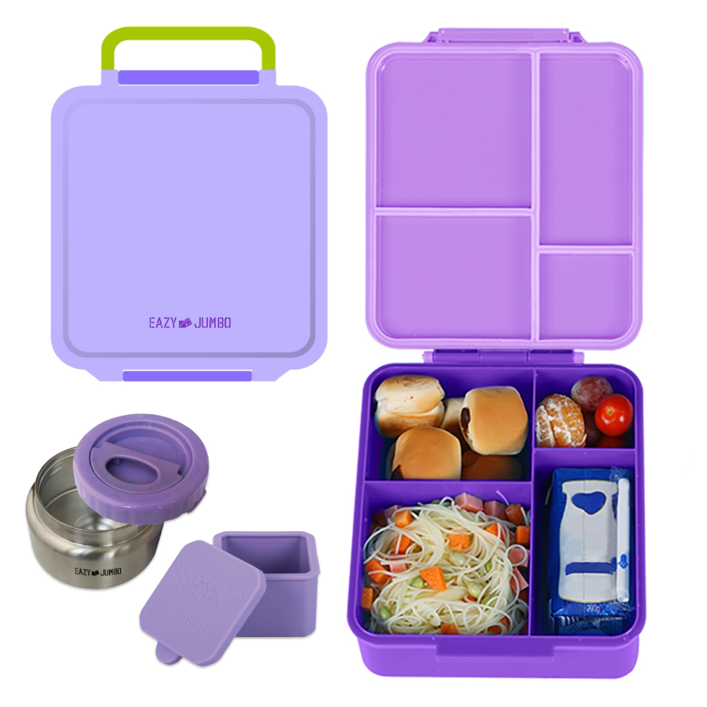 EAZY KIDS Jumbo Bento Lunch Box w/Lunch Bag and Thermos & Dip Jar- Purple