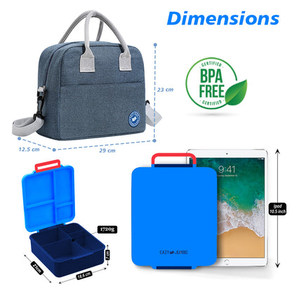 EAZY KIDS Jumbo Bento Lunch Box w/Lunch Bag and Thermos & Dip Jar- Blue