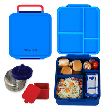 EAZY KIDS Jumbo Bento Lunch Box w/Lunch Bag and Thermos & Dip Jar- Blue