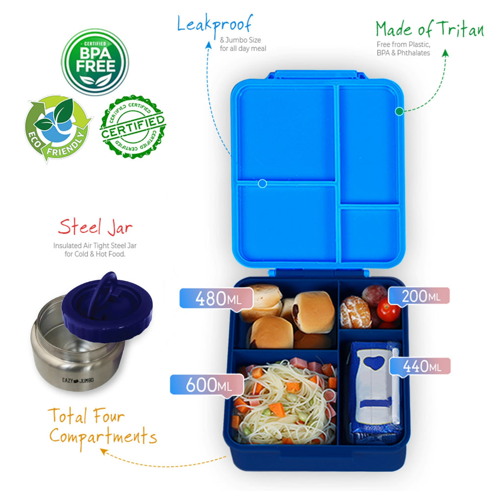 EAZY KIDS Jumbo Bento Lunch Box w/Lunch Bag and Thermos & Dip Jar- Blue