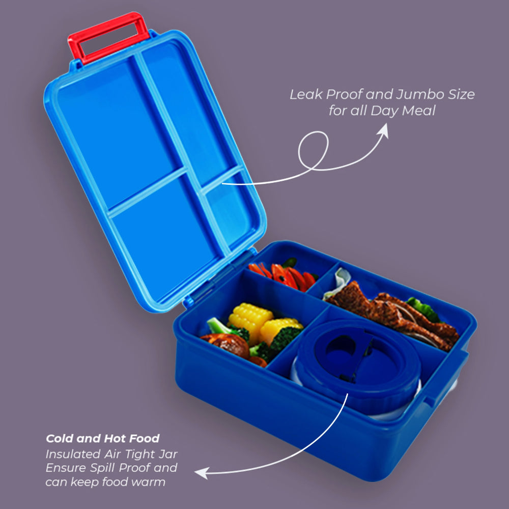 EAZY KIDS Jumbo Bento Lunch Box w/Lunch Bag and Thermos & Dip Jar- Blue