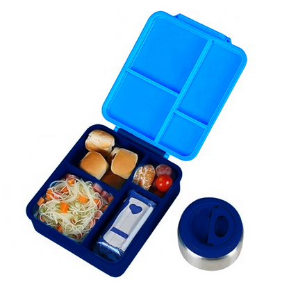 EAZY KIDS Jumbo Bento Lunch Box w/Lunch Bag and Thermos & Dip Jar- Blue